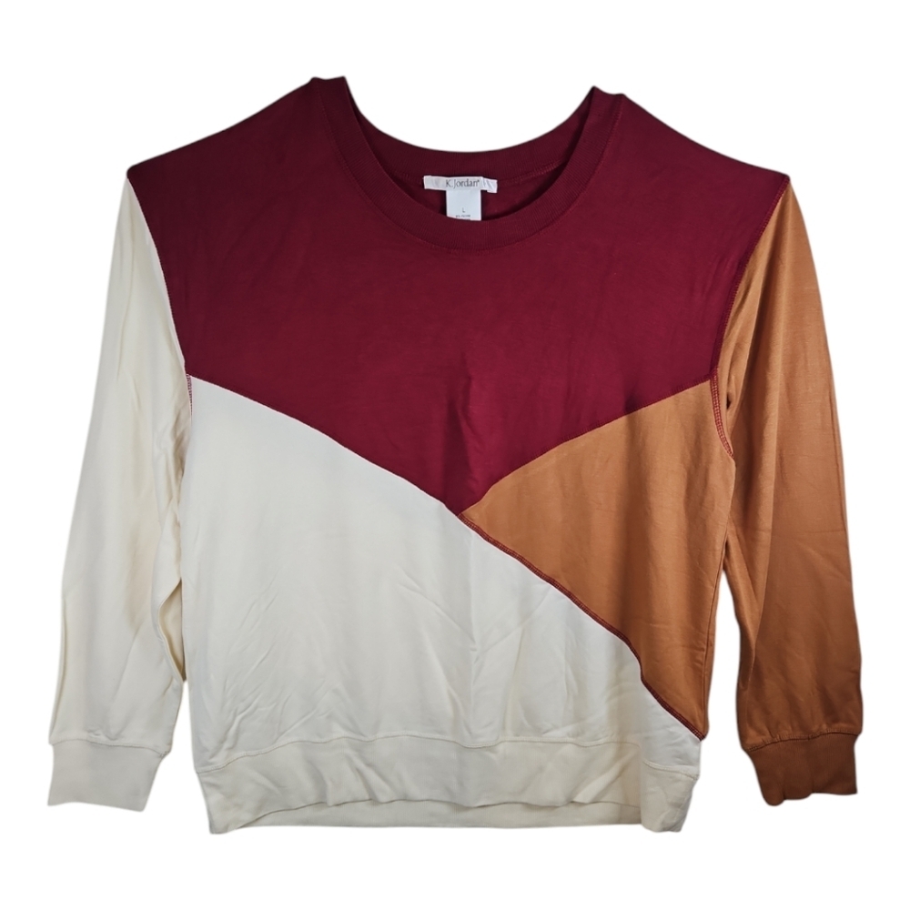 K. Jordan Burgundy Gold & Cream Color Block Long Sleeve Sweatshirt Size L